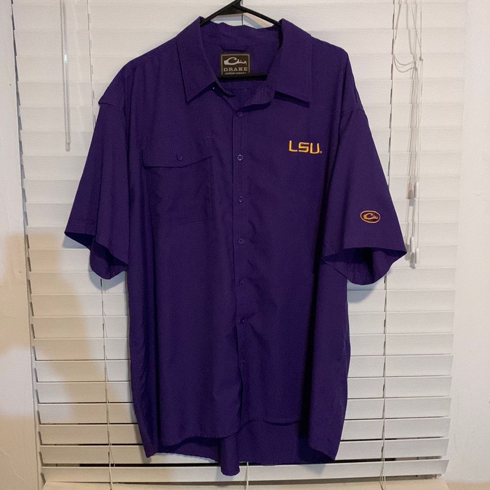 Drake Fishing Shirt. LSU colors and logo.